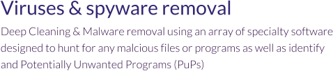 Viruses & spyware removal Deep Cleaning & Malware removal using an array of specialty software designed to hunt for any malcious files or programs as well as identify and Potentially Unwanted Programs (PuPs)